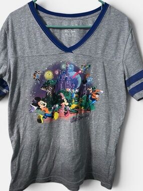 Disney Grey V-Neck Tee with Blue Trim and Colorful Castle Graphic